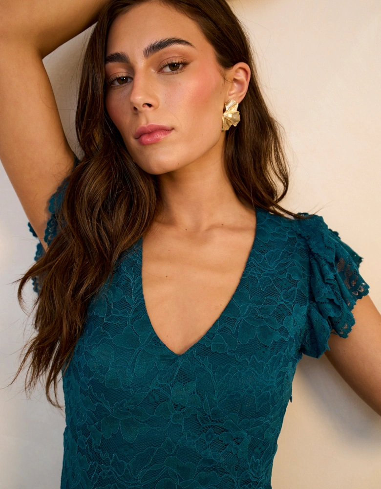 Teal Jersey Lace V Neck Ruffle Maxi Dress