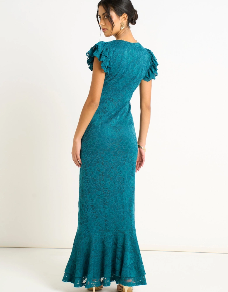 Teal Jersey Lace V Neck Ruffle Maxi Dress