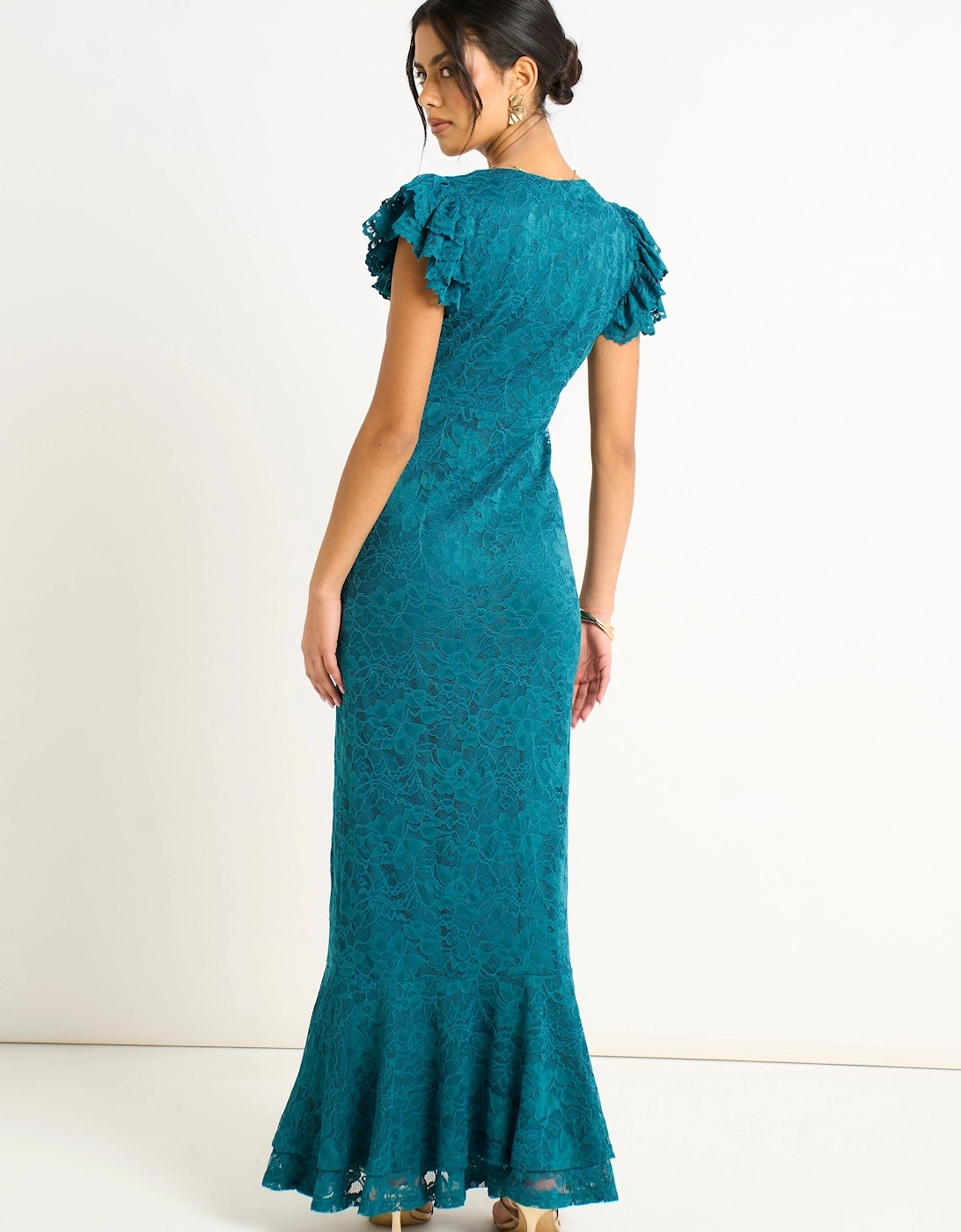 Teal Jersey Lace V Neck Ruffle Maxi Dress