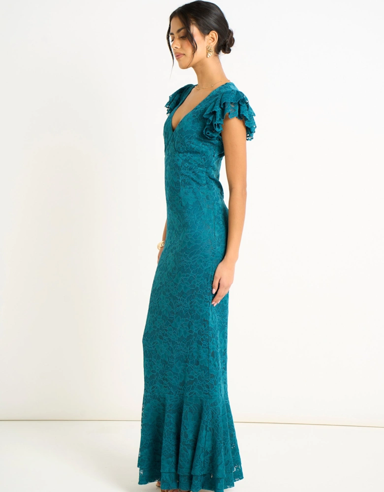 Teal Jersey Lace V Neck Ruffle Maxi Dress