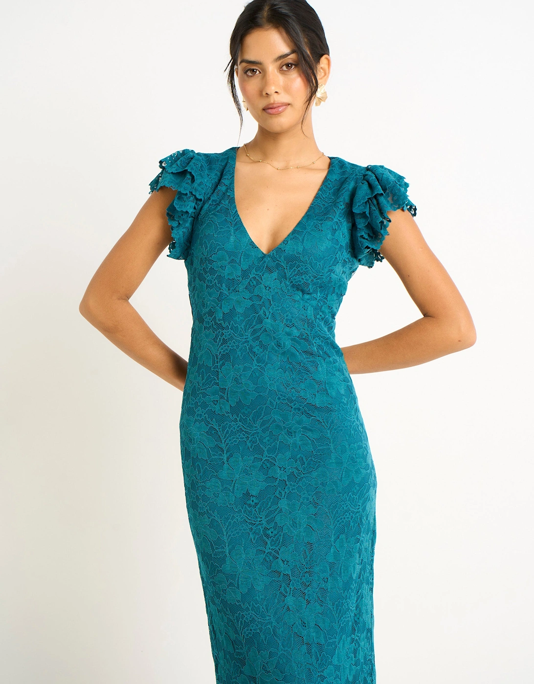 Teal Jersey Lace V Neck Ruffle Maxi Dress