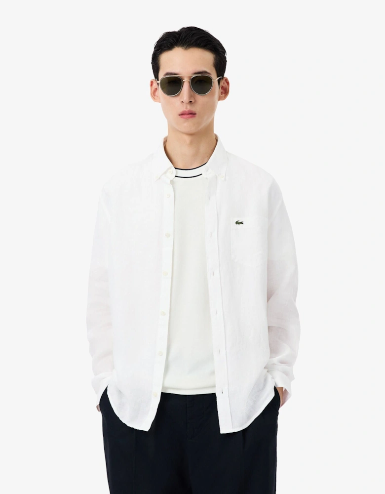 Regular Fit Long Sleeve Mens Linen Shirt - White 001