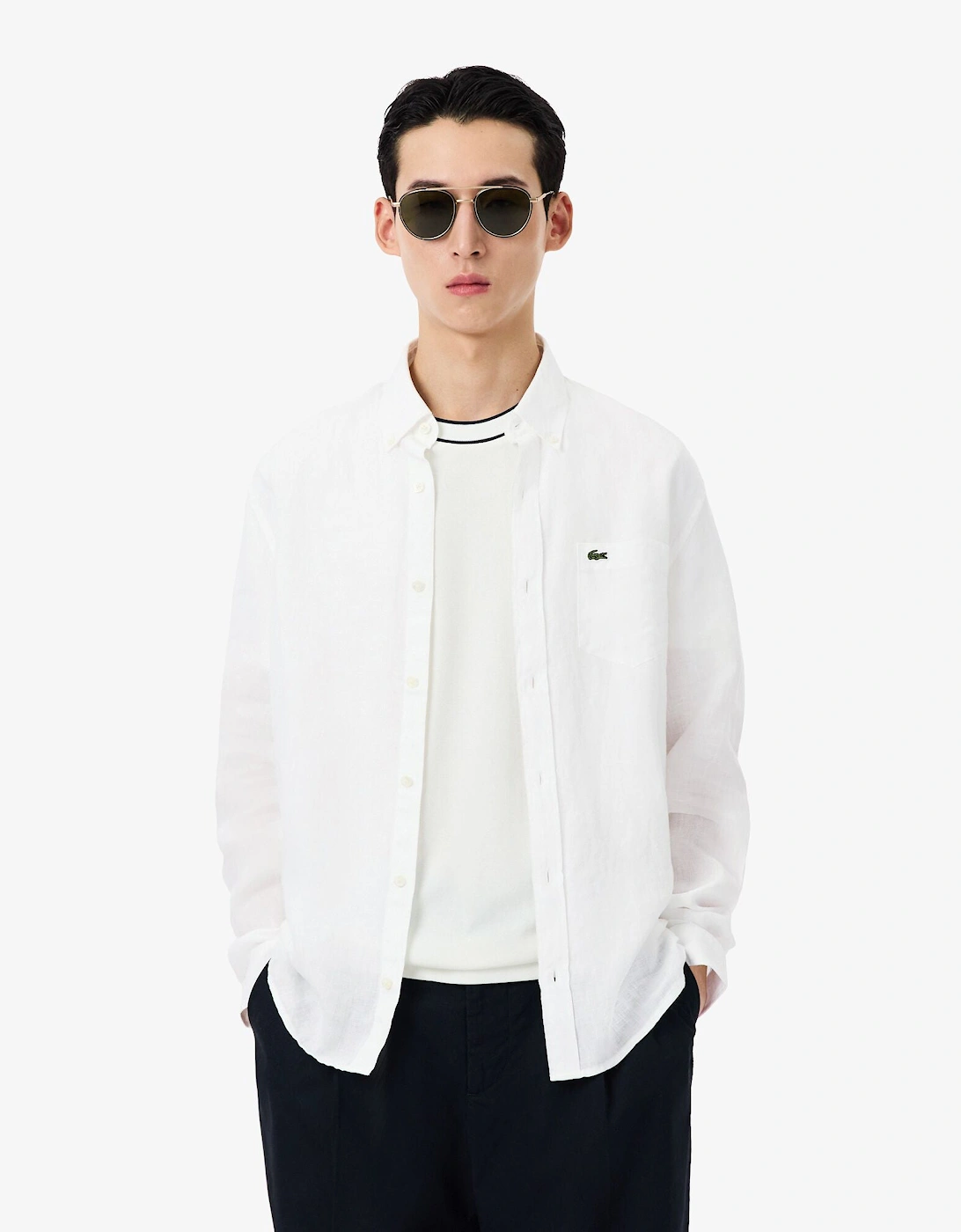 Men's Lacoste Regular Fit Long Sleeve Mens Linen Shirt - White 001 - Size: 38/Regular