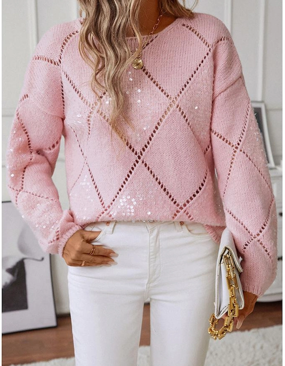 Light Pink Hollowed Rhombus Pattern Sequin Detail Round Neck Sweater