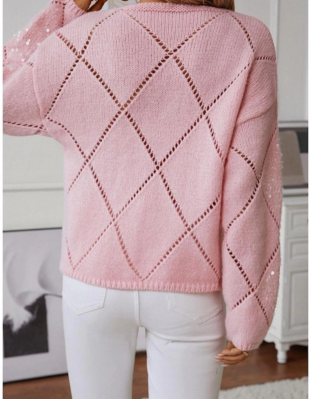 Light Pink Hollowed Rhombus Pattern Sequin Detail Round Neck Sweater