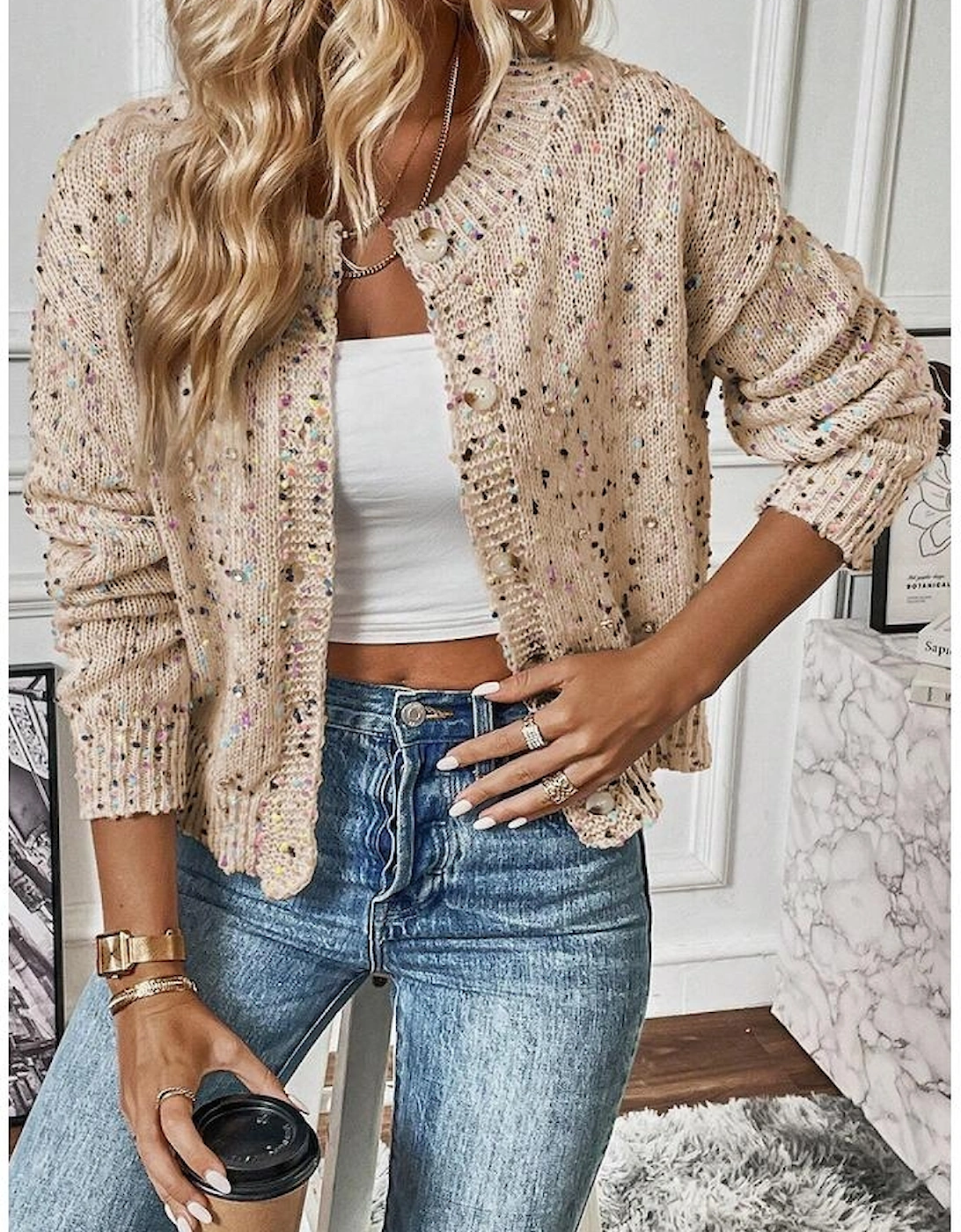 Apricot Rhinestone Decor Multicolor Confetti Sweater Cardigan, 3 of 2