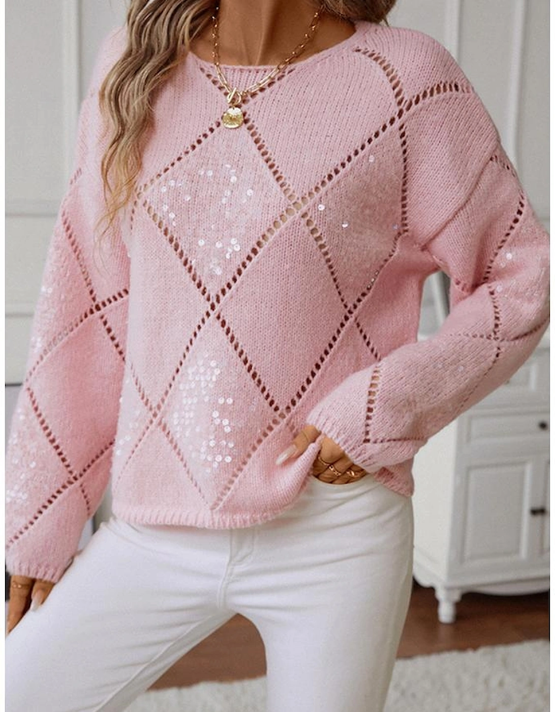 Light Pink Hollowed Rhombus Pattern Sequin Detail Round Neck Sweater