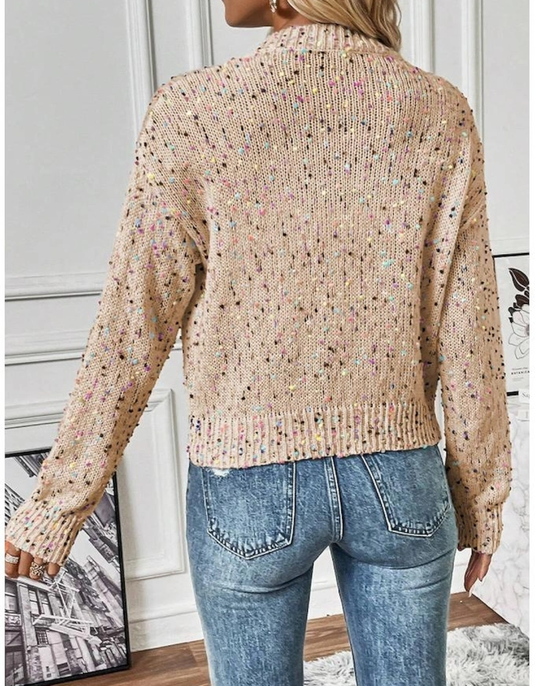 Apricot Rhinestone Decor Multicolor Confetti Sweater Cardigan