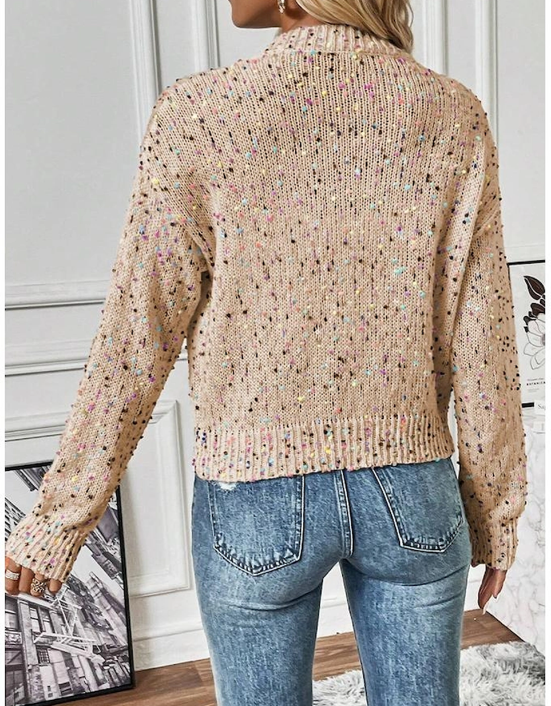 Apricot Rhinestone Decor Multicolor Confetti Sweater Cardigan