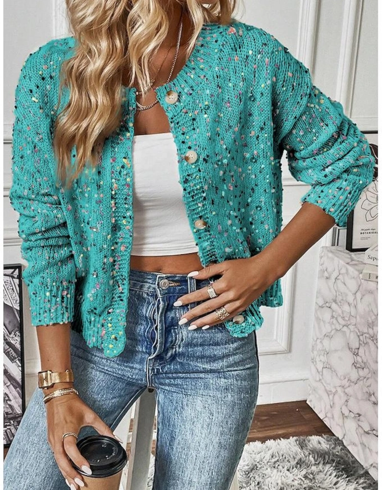 Aruba Blue Rhinestone Decor Multicolor Confetti Sweater Cardigan