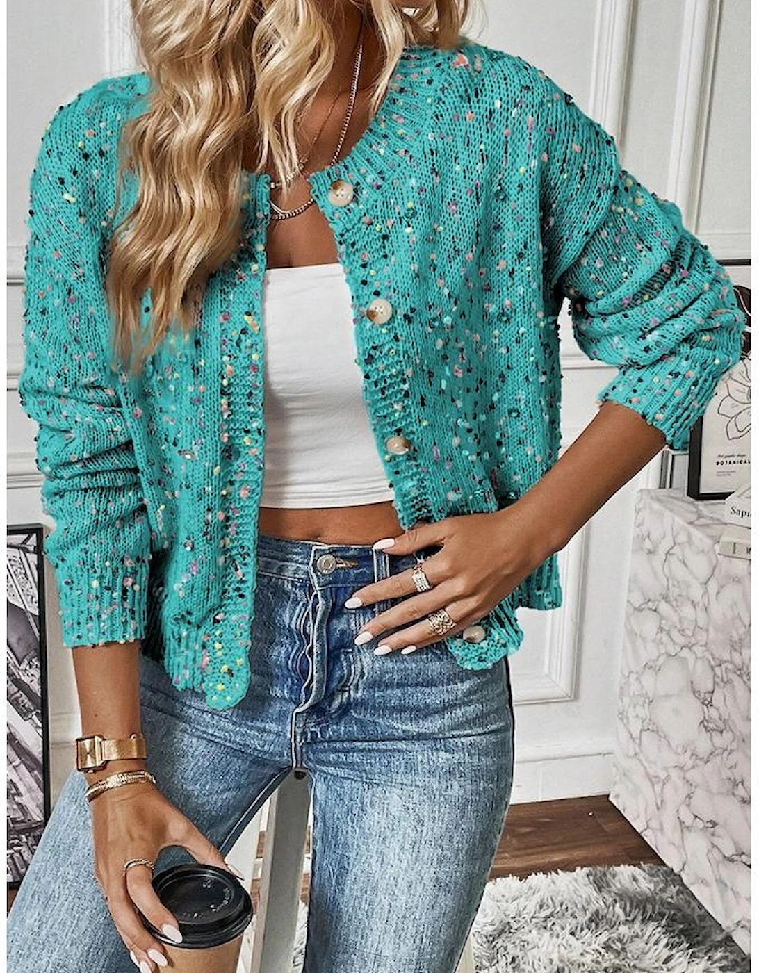 Aruba Blue Rhinestone Decor Multicolor Confetti Sweater Cardigan, 3 of 2