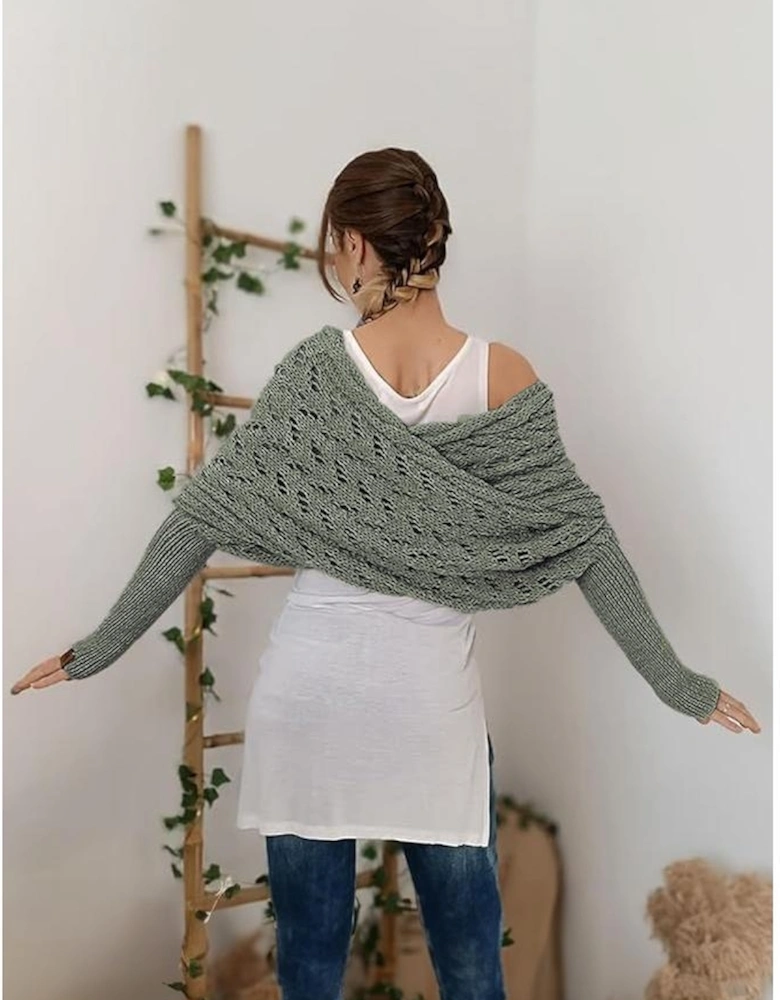 Blackish Green Cross Detail Hollowed Knit Scarf with Sleeves