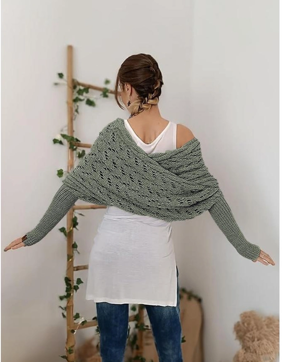 Blackish Green Cross Detail Hollowed Knit Scarf with Sleeves