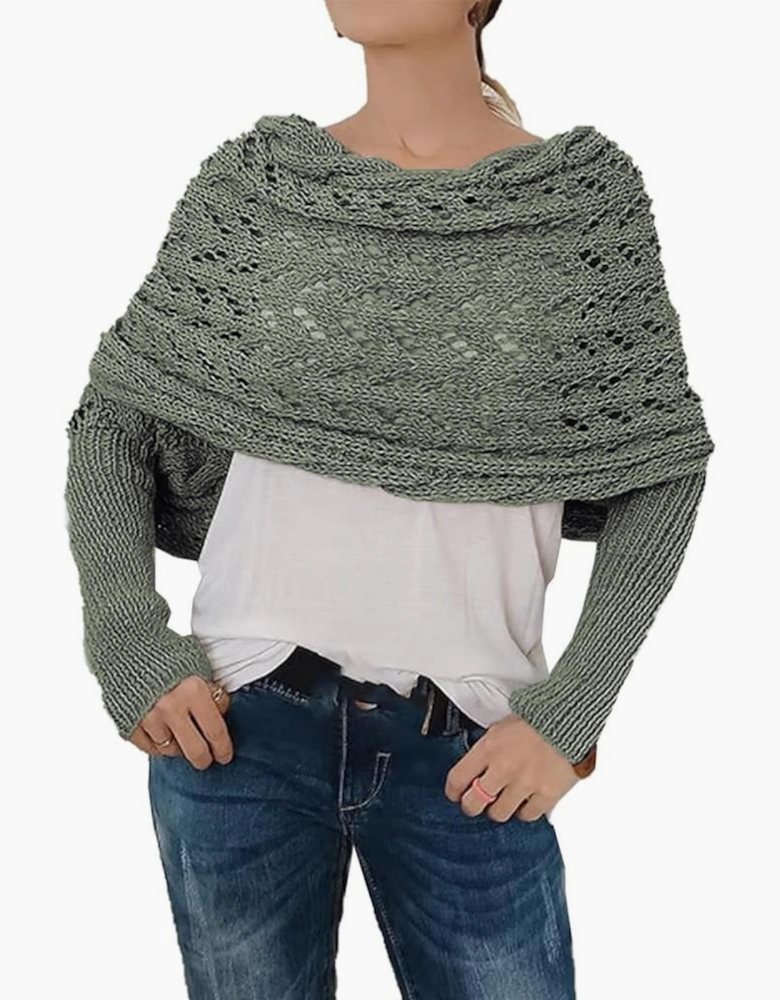 Blackish Green Cross Detail Hollowed Knit Scarf with Sleeves