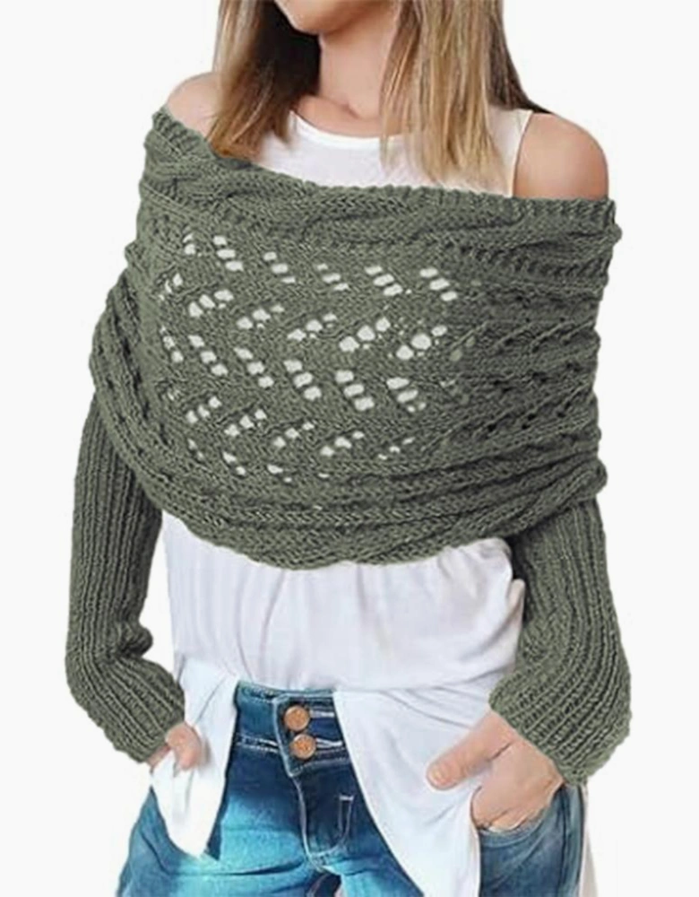 Blackish Green Cross Detail Hollowed Knit Scarf with Sleeves