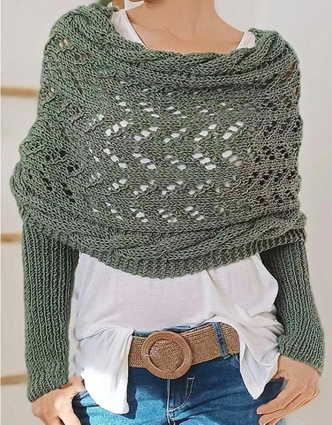 Blackish Green Cross Detail Hollowed Knit Scarf with Sleeves