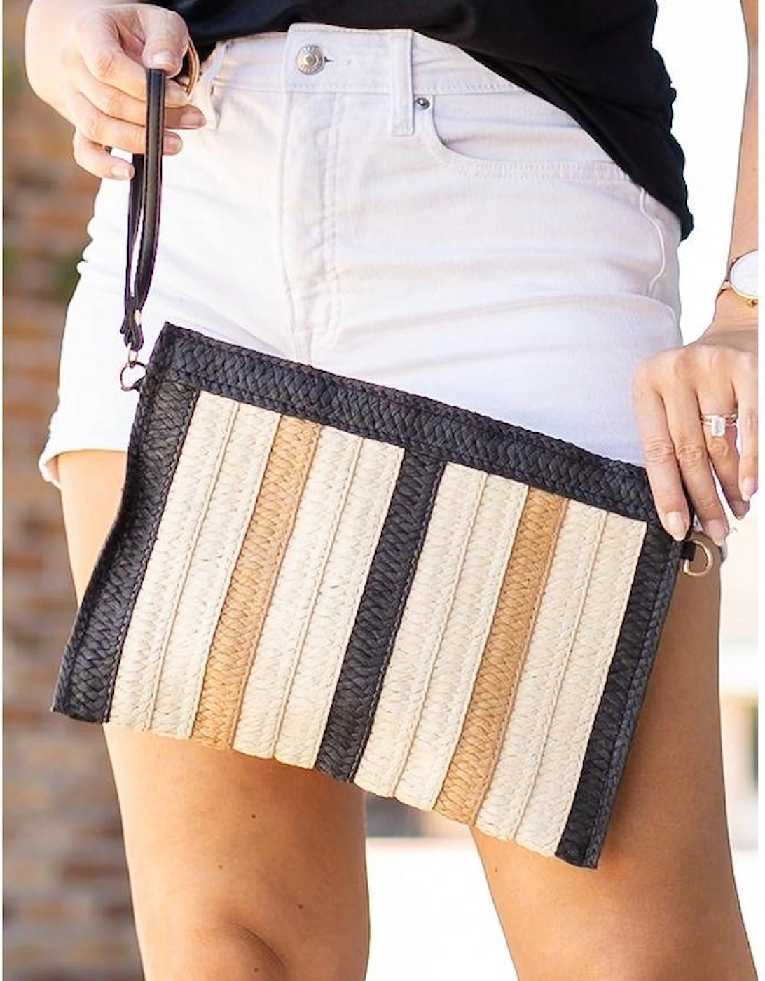 Black Contrast Striped Straw Woven Shoulder Bag