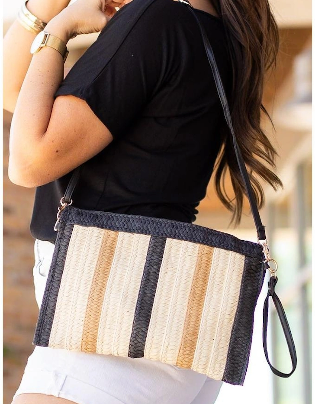 Black Contrast Striped Straw Woven Shoulder Bag