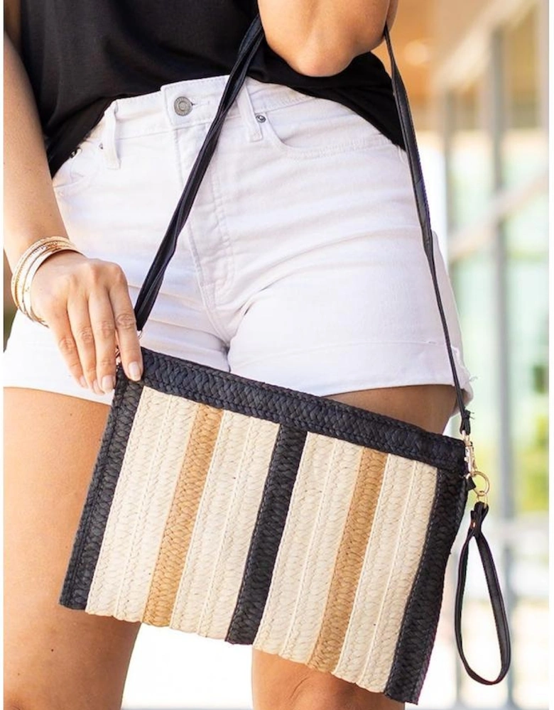 Black Contrast Striped Straw Woven Shoulder Bag