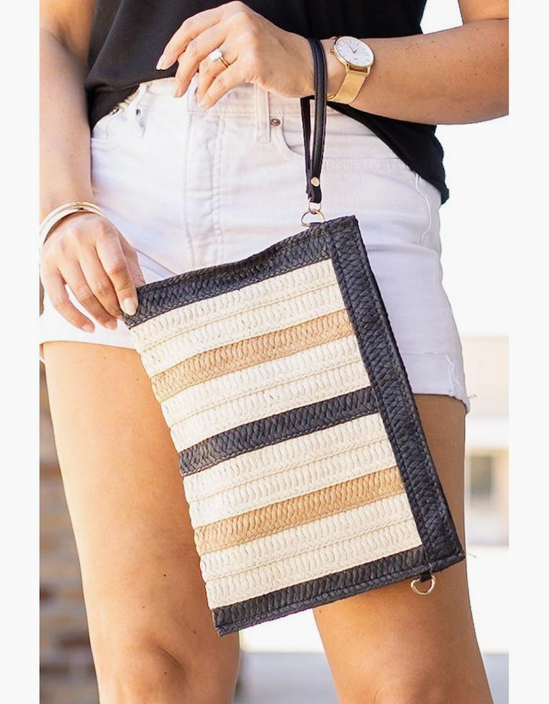 Black Contrast Striped Straw Woven Shoulder Bag