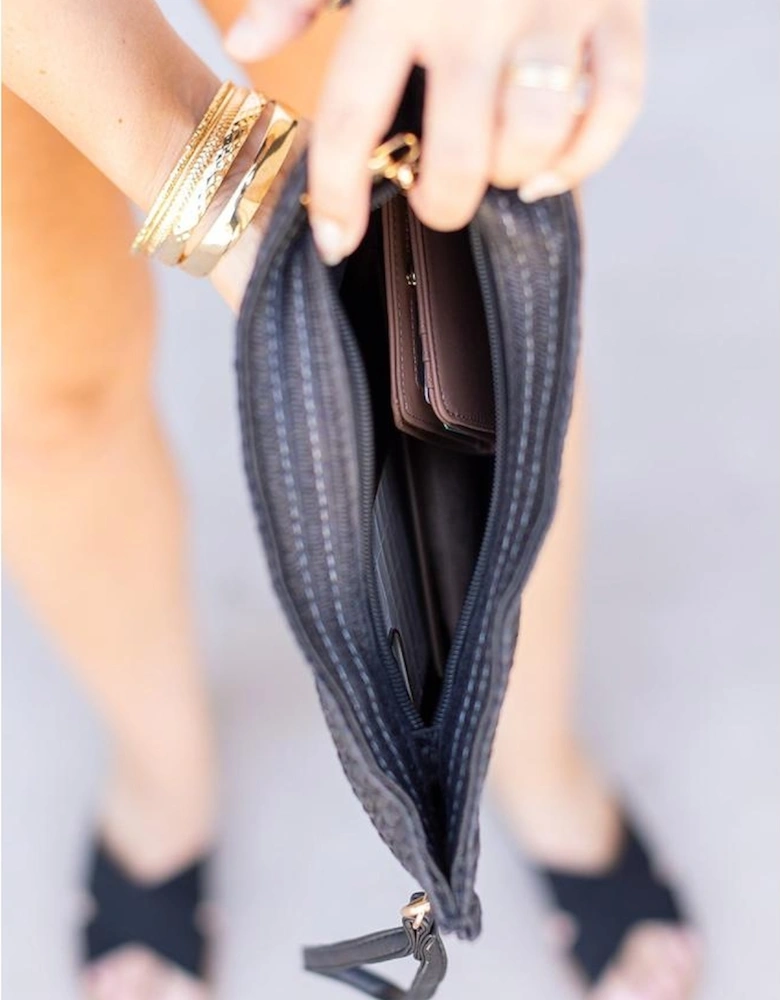 Black Contrast Striped Straw Woven Shoulder Bag