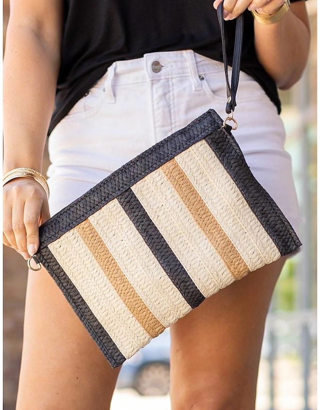 Black Contrast Striped Straw Woven Shoulder Bag
