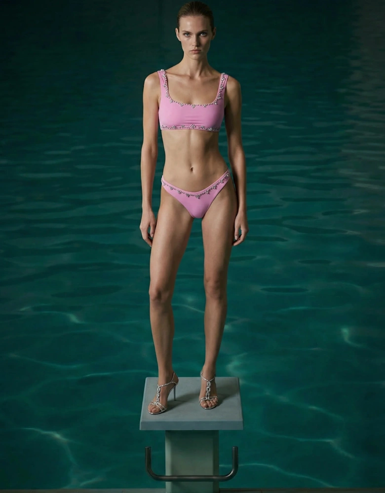 Aaliyah Hand Embroidered Crystals Bikini Top in Pink