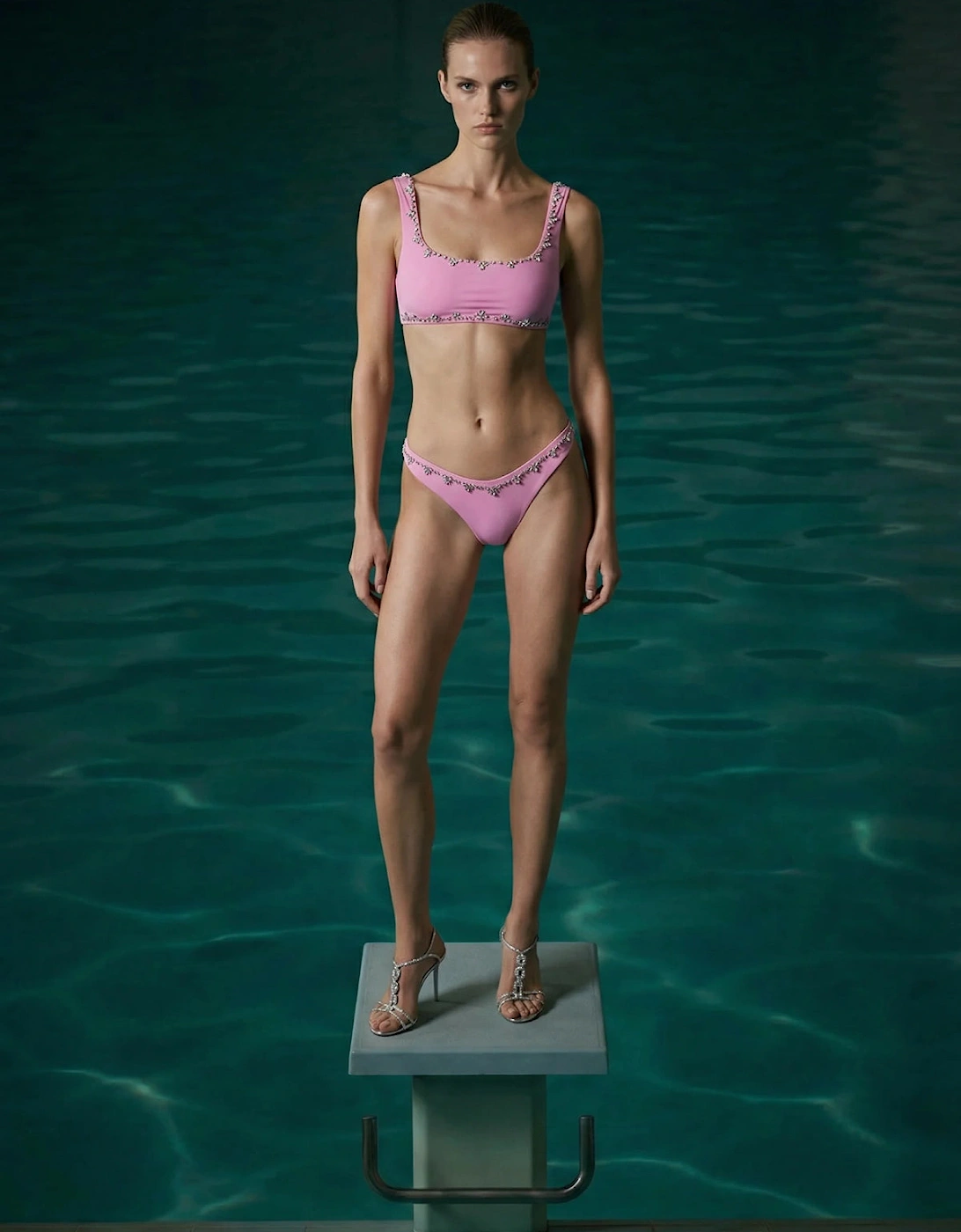 Aaliyah Hand Embroidered Crystals Bikini Top in Pink