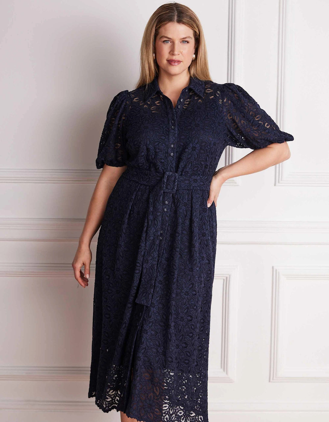 Navy Blue Puff Sleeve Button Through Belted Lace Dress