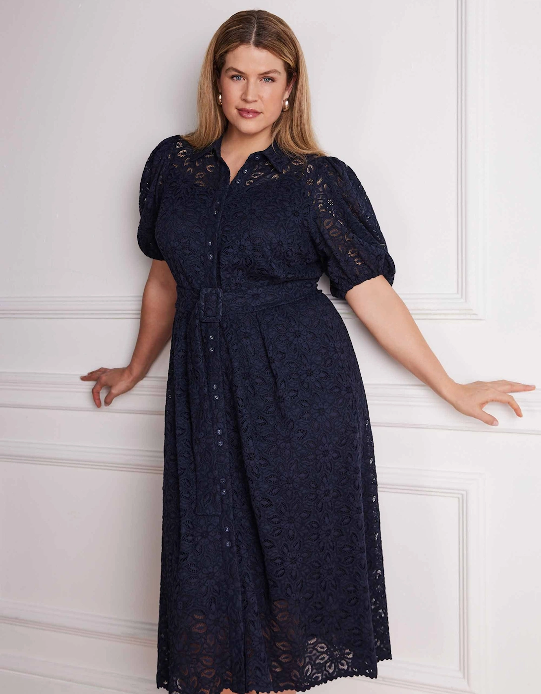 Navy Blue Puff Sleeve Button Through Belted Lace Dress