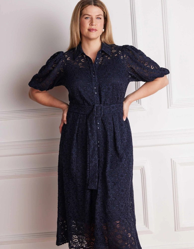Navy Blue Puff Sleeve Button Through Belted Lace Dress