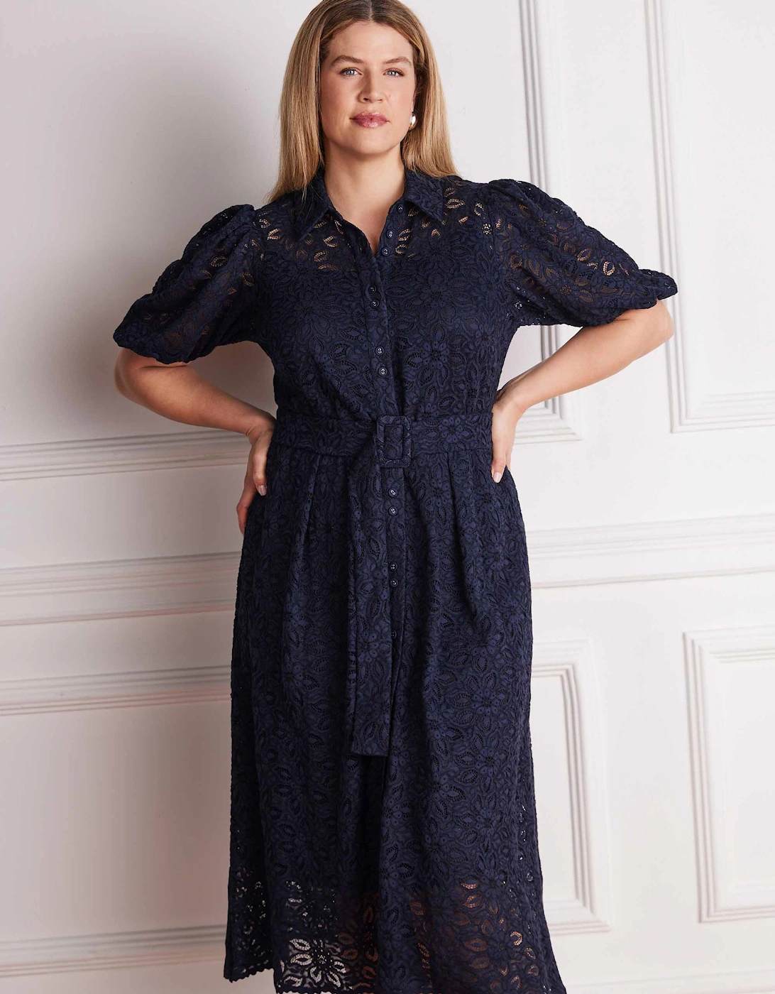 Navy Blue Puff Sleeve Button Through Belted Lace Dress