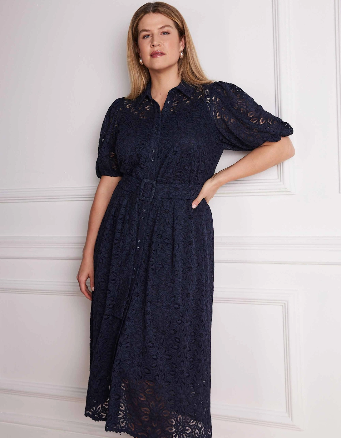 Navy Blue Puff Sleeve Button Through Belted Lace Dress