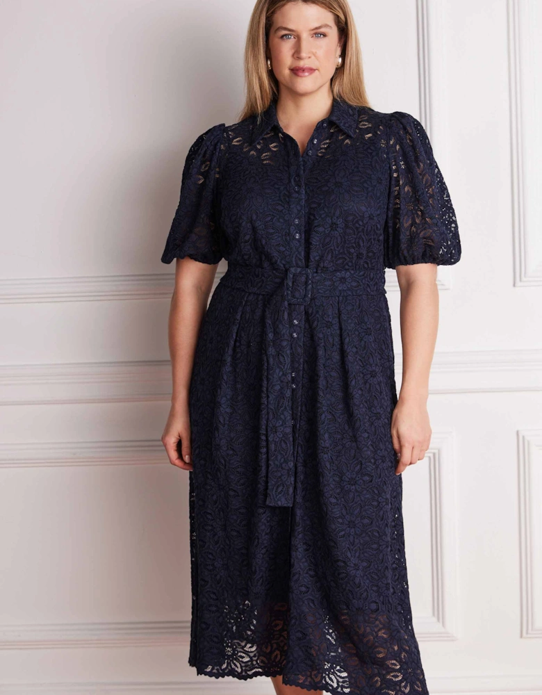 Navy Blue Puff Sleeve Button Through Belted Lace Dress
