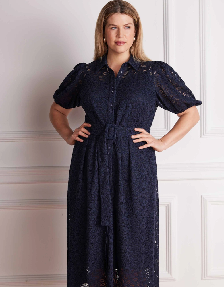 Navy Blue Puff Sleeve Button Through Belted Lace Dress