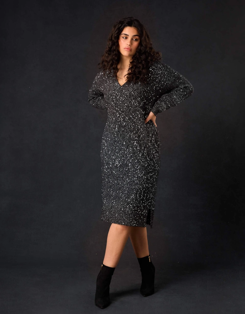 Black Knitted Metallic and Sequin Dress