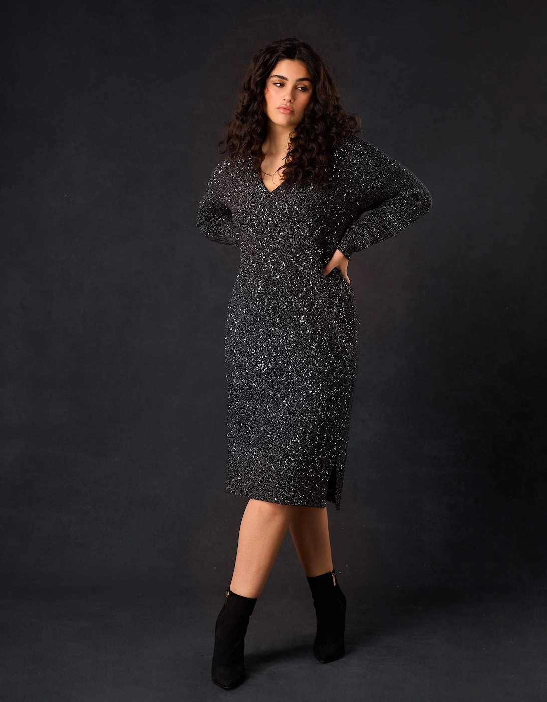 Black Knitted Metallic and Sequin Dress