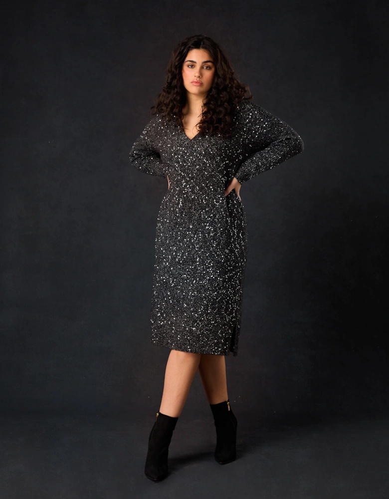 Black Knitted Metallic and Sequin Dress