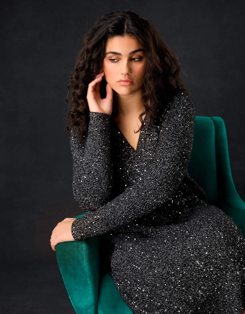 Black Knitted Metallic and Sequin Dress