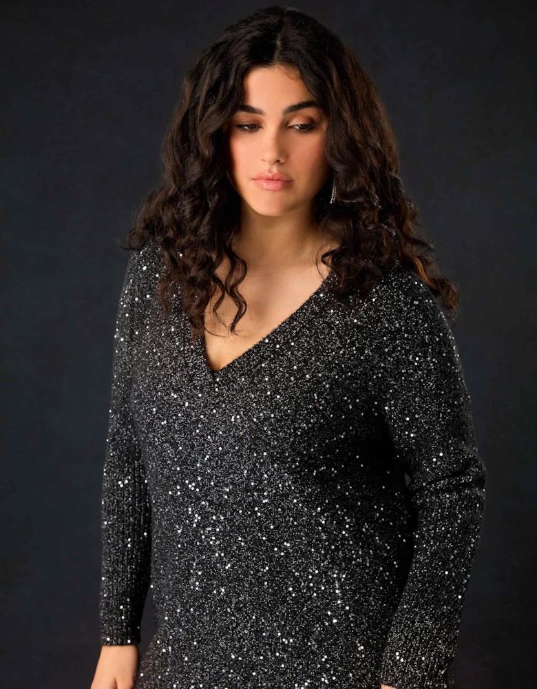 Black Knitted Metallic and Sequin Dress