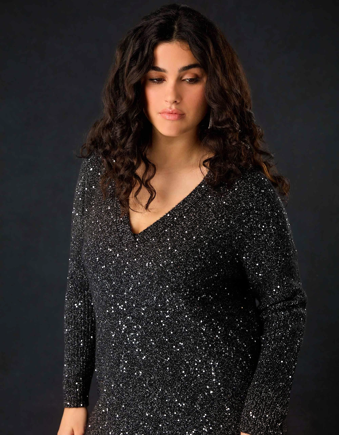 Black Knitted Metallic and Sequin Dress