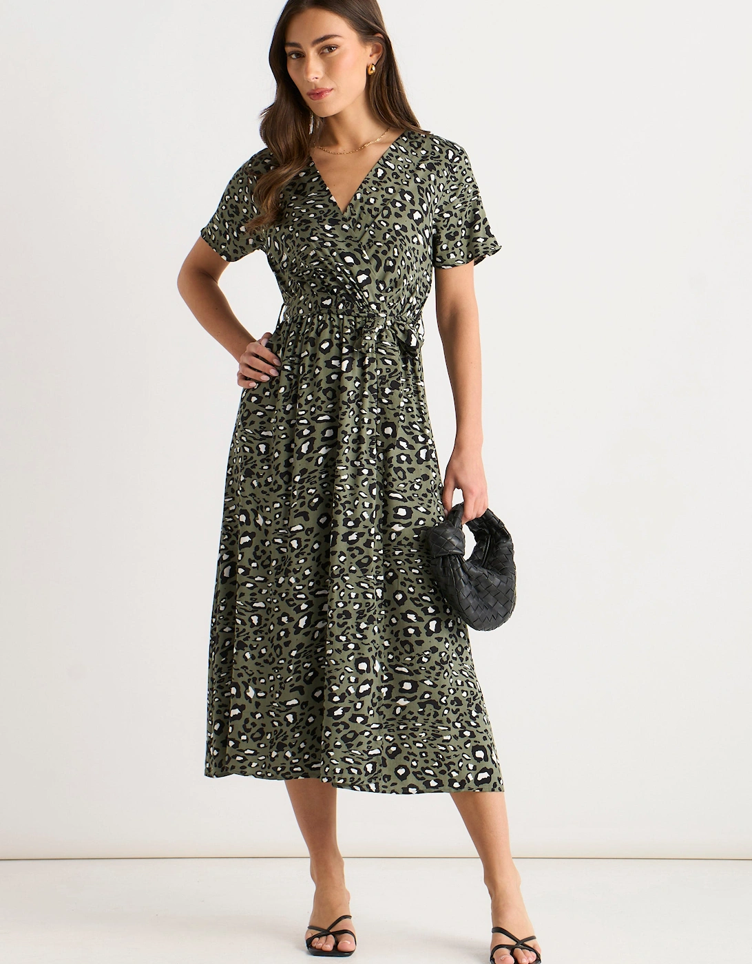 Khaki Short Sleeve Animal Print Wrap Front Midi Dress, 5 of 4