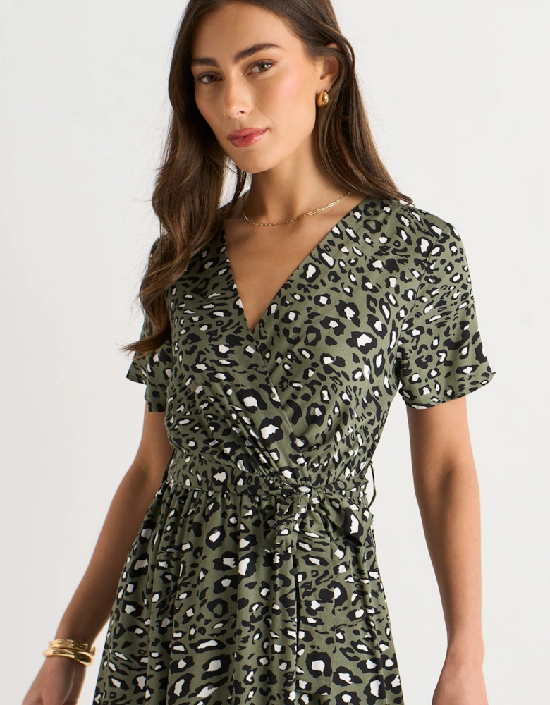 Khaki Short Sleeve Animal Print Wrap Front Midi Dress