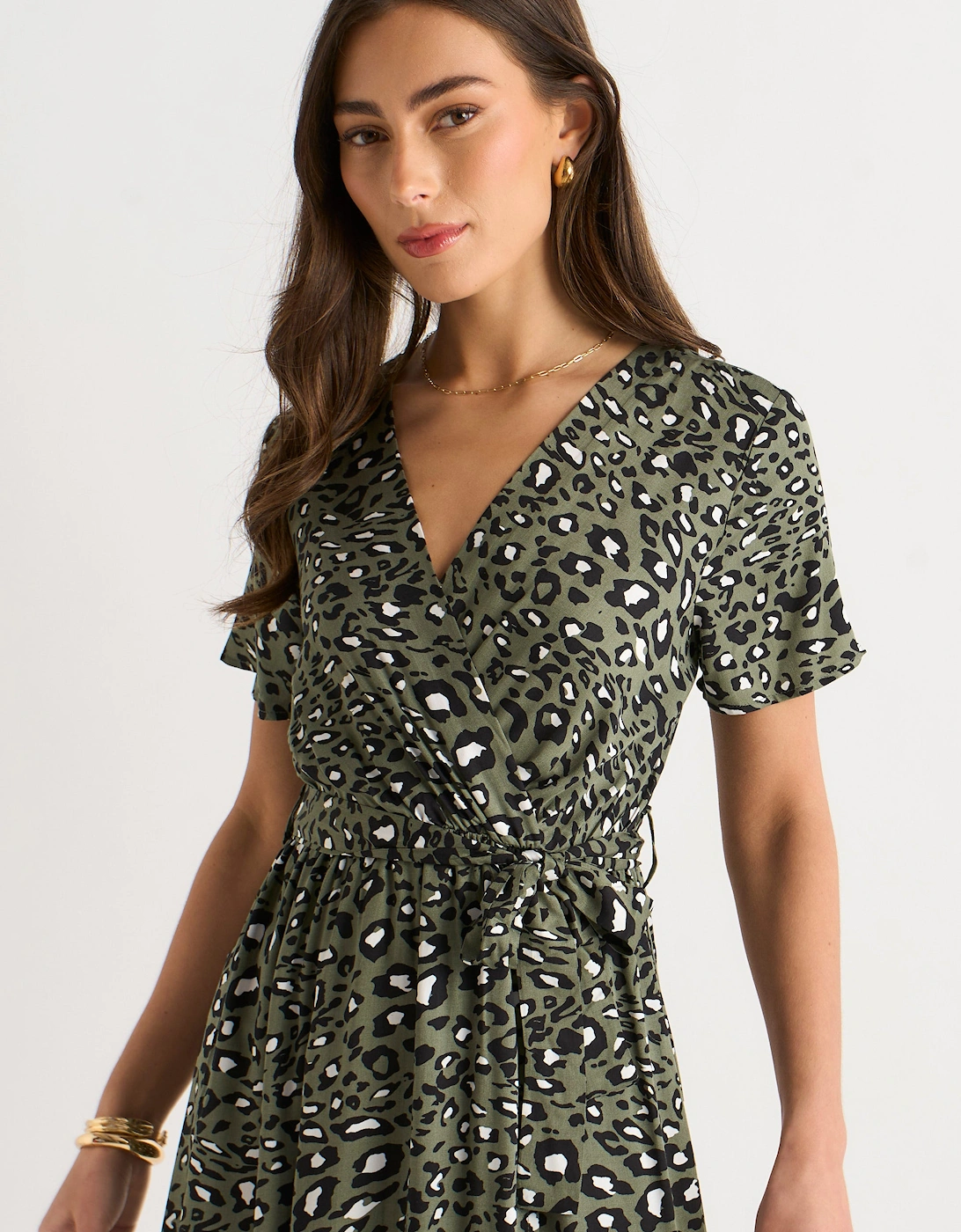 Khaki Short Sleeve Animal Print Wrap Front Midi Dress