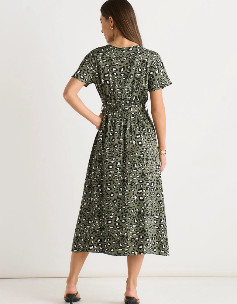 Khaki Short Sleeve Animal Print Wrap Front Midi Dress