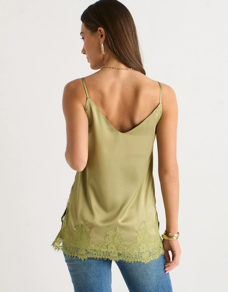 Khaki Satin Lace Trim Cami Top