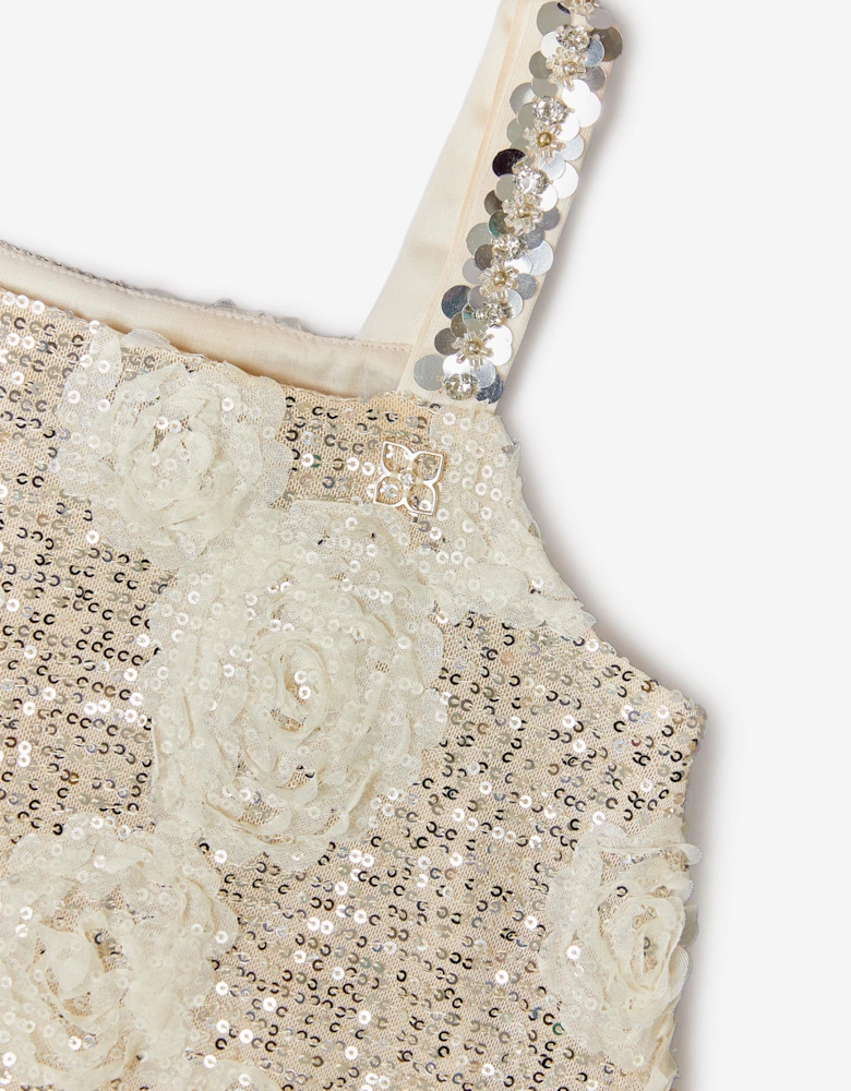 BCBGMAXAZRIA Girls 3D Flower Sequin Dress in Gold