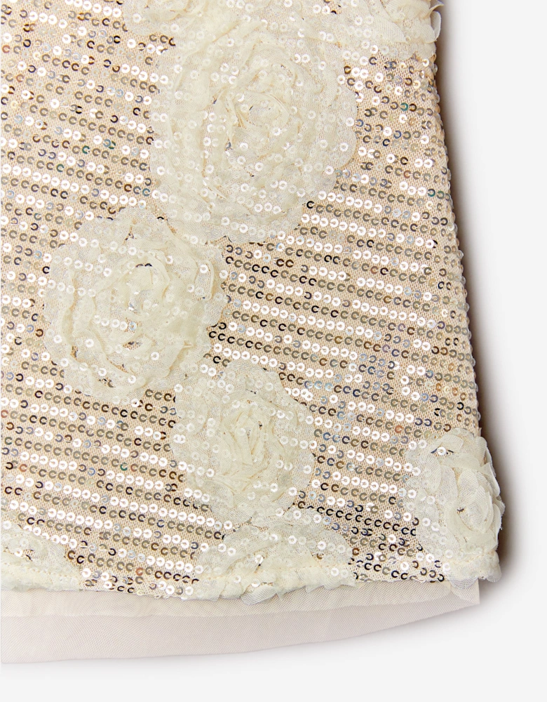 BCBGMAXAZRIA Girls 3D Flower Sequin Dress in Gold