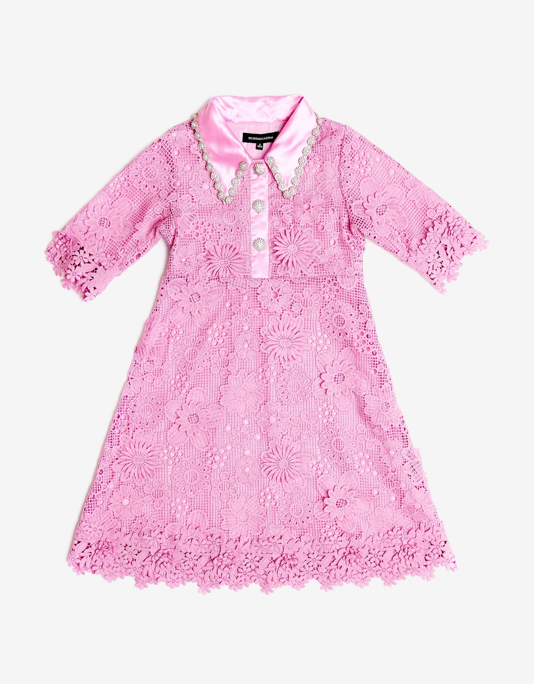 BCBGMAXAZRIA Girls Floral Lace Dress with Diamante Pearl Collar in Pink, 5 of 4
