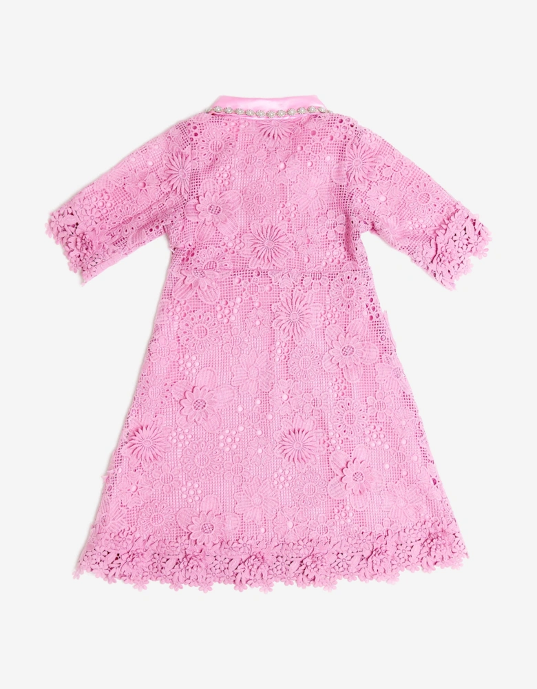 BCBGMAXAZRIA Girls Floral Lace Dress with Diamante Pearl Collar in Pink